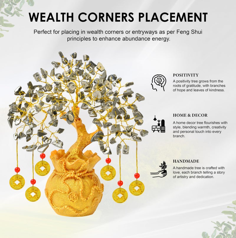 Crocon Pyrite Money Magnet Crystal Tree Golden Potli Base & 6 Feng Shui Coins – Wealth, Protection & Confidence – Vastu Remedy & Feng Shui Gift for Home, Office, Men & Women - Image 5