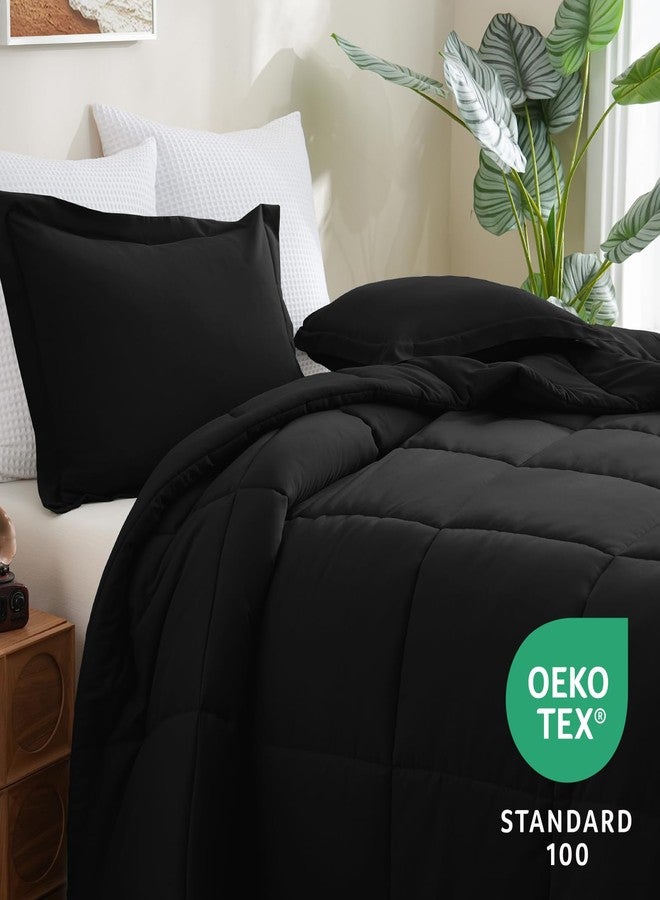 CozyLux طقم لحاف كوزي لوكس كوين باللون الأسود - 3 قطع لحافات مخيطة بالصندوق بحجم كوين، طقم سرير ناعم لجميع الفصول، مجموعات أغطية خفيفة الوزن مع 1 لحاف بديل للريش و 2 غطاء وسادة - Image 3