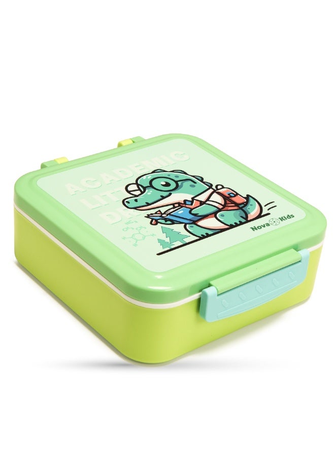 Nova Kids 3 Compartment Bento Lunch Box w/ Spoon & Fork Set and Stainless Steel Gravy Box - Dino Green - Image 3