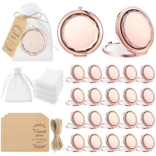 Barydat 24 Set Rose Gold Compact Mirrors Bulk Crystal Compact Makeup Double Sided Pocket Mirrors for Women Bridesmaids Wedding Gift for Bridal Shower Party Favors Christmas Party Gifts