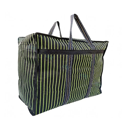 EVK Unisex Multipurpose Extra Large Bag Big Heavy Duty Storage Organizer Reusable Canvas Shopper Shopping Tote Bag with Strong Handles and Base with Covers Zip Black and Green (Pack of 1) - Image 1