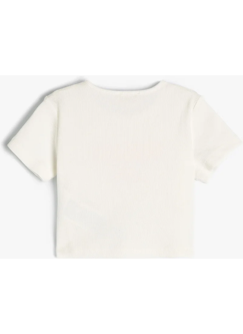 KOTON Crop T-Shirt Printed Detailed Ribbed