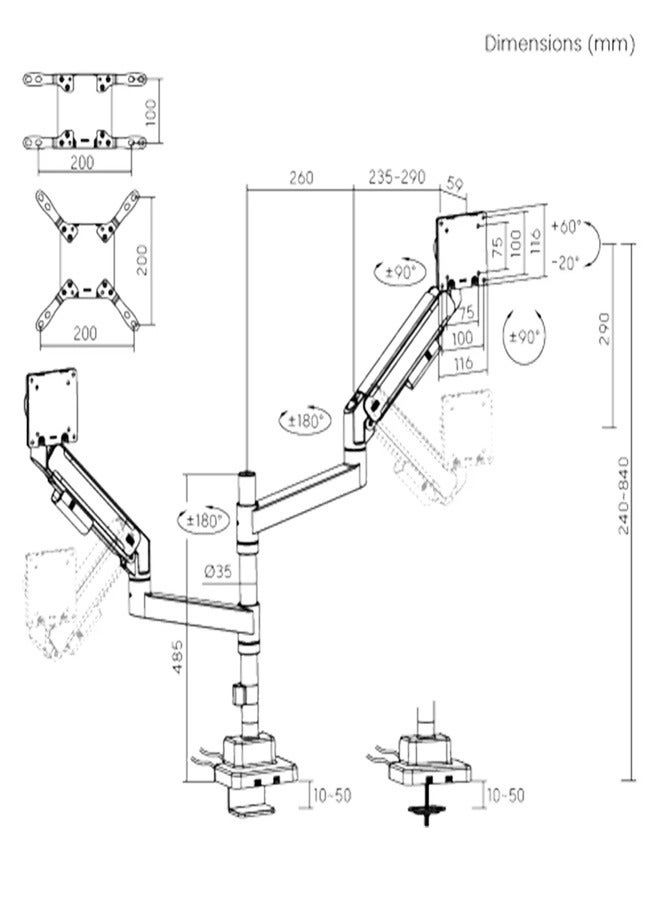Skill Tech SH87 C024UCP Titan Heavy-Duty Pole-Mounted Gas Spring Dual Monitor Arm with USB-A and USB-C Ports for 24"-57" Screens, VESA 200x200, 27kg Load Capacity per Screen – Black - Image 2