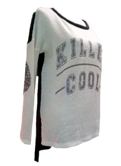Women knit wool pullover sweater silver print & sequin elbow