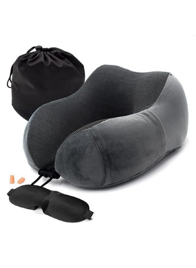 U-Shape Travel Pillow Pure Memory Foam Neck Pillow for Airplane Car Office Nap Cervical Support Flight Sleeping Head Neck Pain Relief with Soft Sleep Mask and Comfortable Earplugs - Image 1