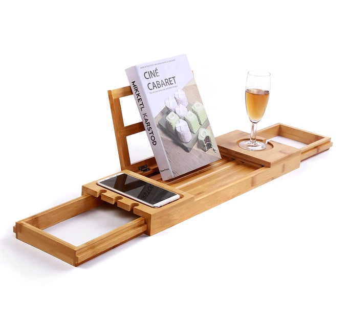BAMBOO BATHTUB CADDY TRAY BATH TRAY FOR TUB ADJUSTABLE BATHROOM BATHTUB ORGANIZER WITH BOOK TABLET WINE GLASS CUP TOWEL HOLDER