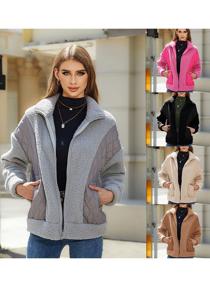 NIBEMINENT Fashion Women's Autumn and Winter New Long-sleeved Cardigan Zipper Plush Splicing Women's Coat  - Image 2