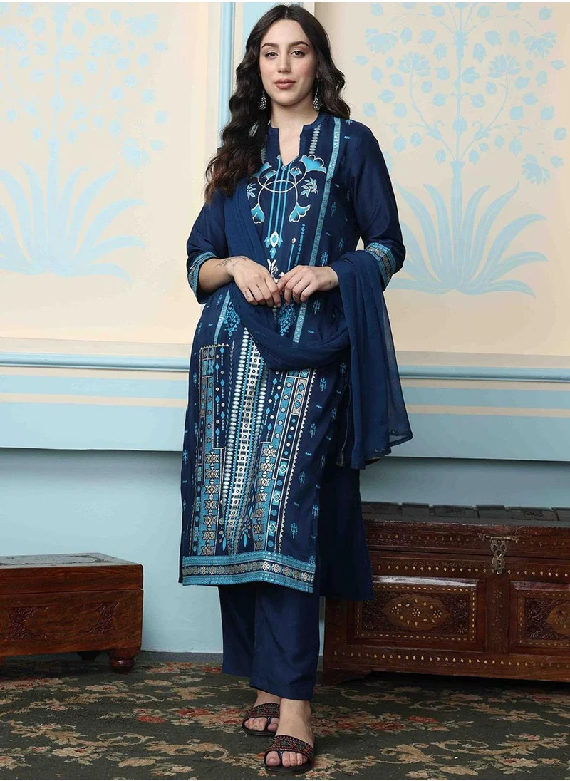 آي شين Regular Fit Three-Quarter Sleeve Printed Blue Chiffon Woven Kurta Set For Women Flat Collar Perfect For Wedding And Engagement Pull On Closure