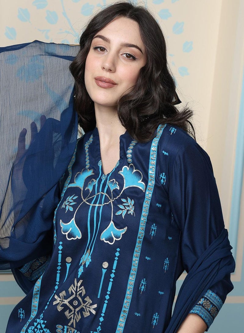 ISHIN Women's Blue Chiffon Printed Tunic Full Length Casual Regular Fit Kurta Set - Image 2