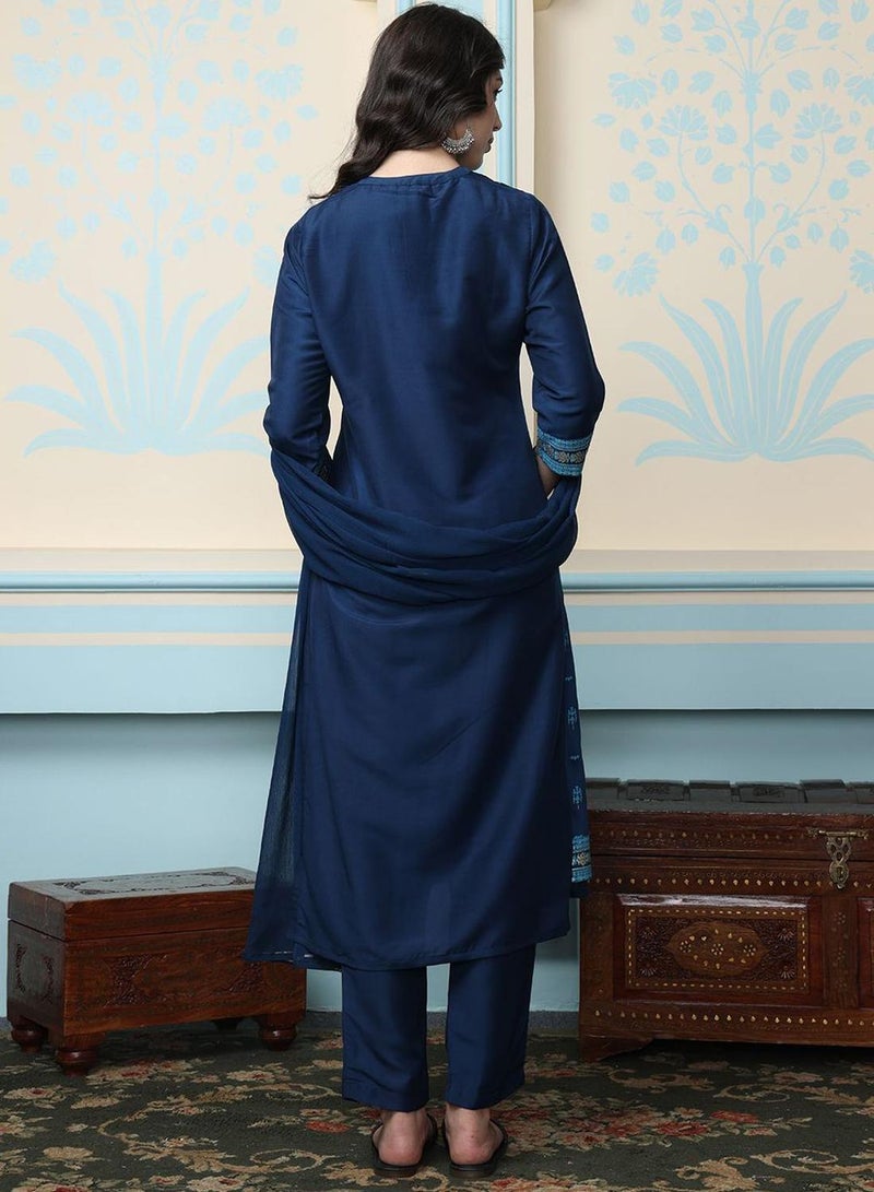 ISHIN Women's Blue Chiffon Printed Tunic Full Length Casual Regular Fit Kurta Set - Image 5