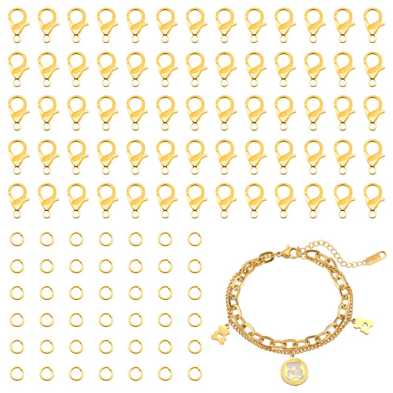 FENGWANGLI Lobster Claw Clasps 300 Pcs 12mm Bracelet Closures with Jump Rings for Jewelry Making DIY Keychain Necklace by FENGWANGLIGold