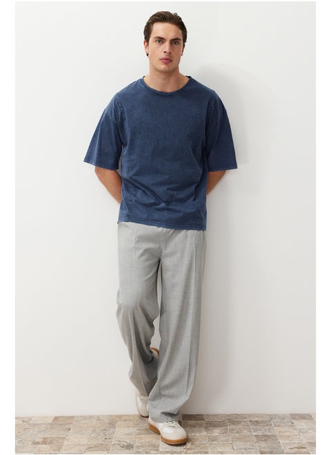 Indigo Oversize/Wide Cut 100% Cotton T-shirt with Stitching Detail and Faded Effect TMNSS24TS00051