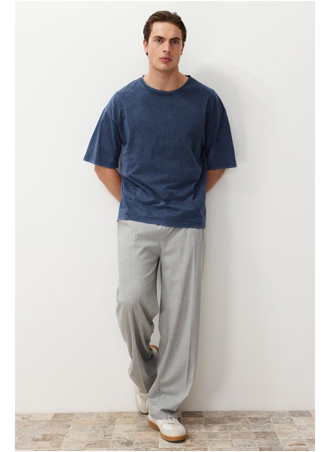 Indigo Oversize/Wide Cut 100% Cotton T-shirt with Stitching Detail and Faded Effect TMNSS24TS00051
