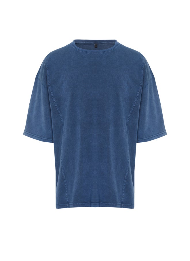 Indigo Oversize/Wide Cut 100% Cotton T-shirt with Stitching Detail and Faded Effect TMNSS24TS00051