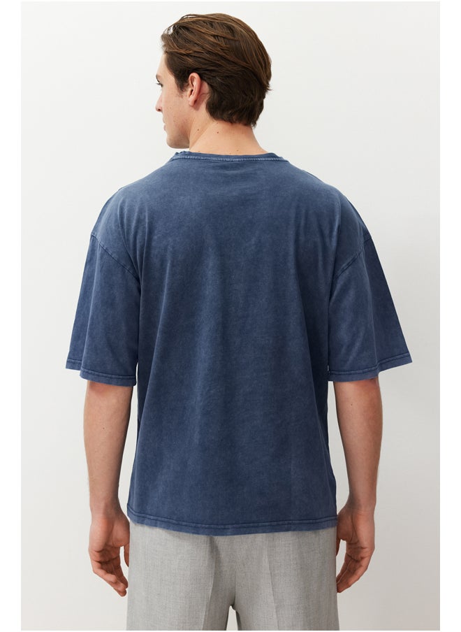 Indigo Oversize/Wide Cut 100% Cotton T-shirt with Stitching Detail and Faded Effect TMNSS24TS00051