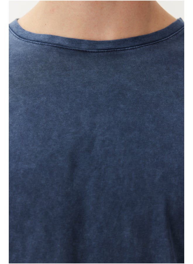 Indigo Oversize/Wide Cut 100% Cotton T-shirt with Stitching Detail and Faded Effect TMNSS24TS00051