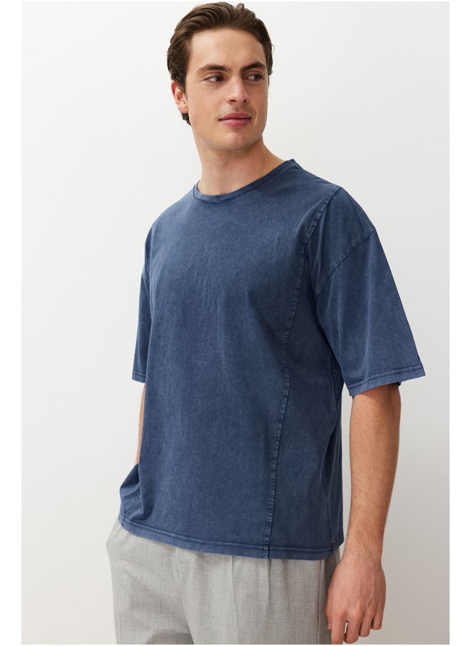 Indigo Oversize/Wide Cut 100% Cotton T-shirt with Stitching Detail and Faded Effect TMNSS24TS00051