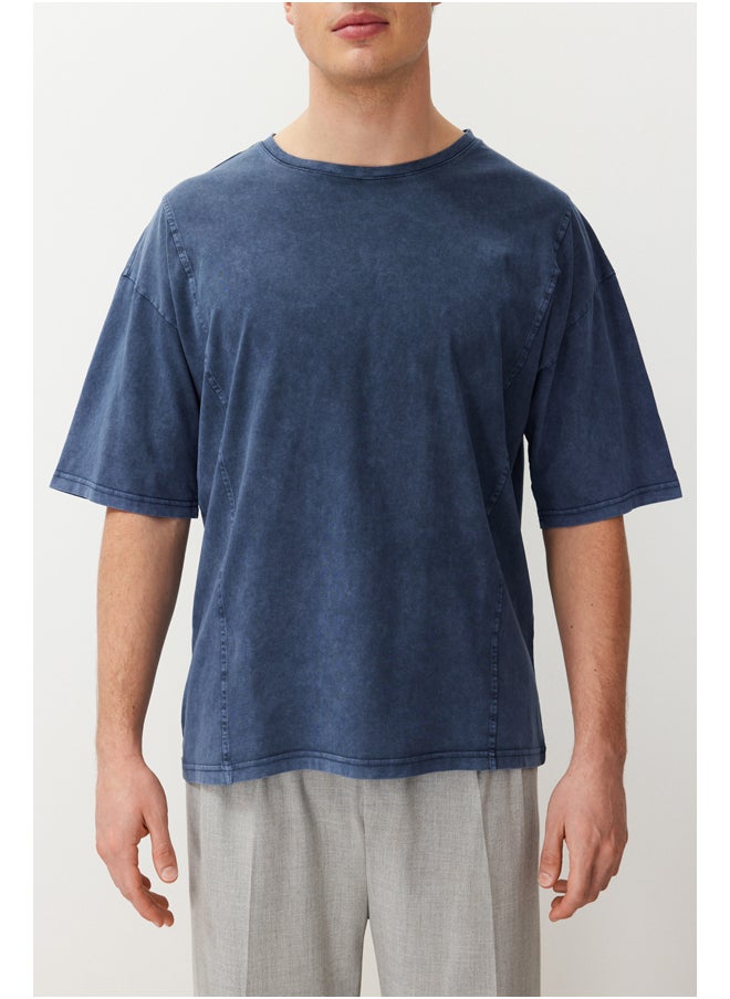 Indigo Oversize/Wide Cut 100% Cotton T-shirt with Stitching Detail and Faded Effect TMNSS24TS00051