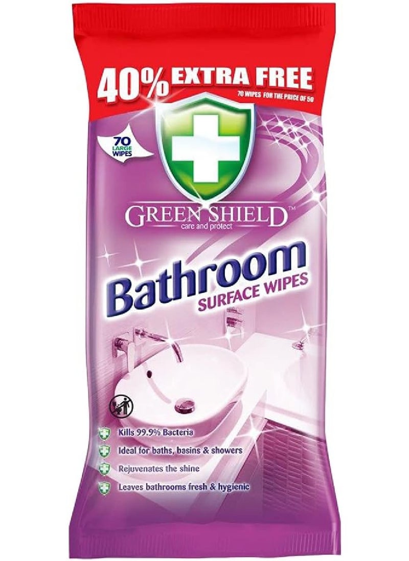 GreenShield Organic GreenShield 4in1 Bathroom Surface 70 منديل كبير، يقتل البكتيريا، مثالي للحمامات والأحواض والاستحمام، يجعل السطح لامعًا، يترك الحمامات منتعشة ولامعة.  - Image 1
