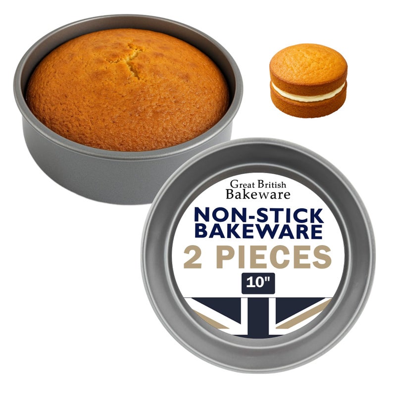 Great British Bakeware 2 Pack 10 Deep Superior Double Coated NonStick Victoria Sandwich Cake Tin Baking Oven Safe Round Cake Tin Fixed Base PFOA  BPA Free Cookware Made in England