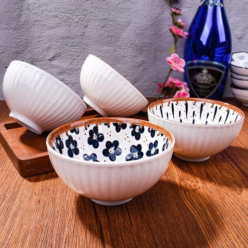 Avon Wellness Beautiful Gift Box Packed Ceramic Floral Dinner Set Japanese Style,Apply to Soup,Dessert,Pasta,Salad Set Ramen Dinnerware Set,Quality Porcelain Plates with Chopstick (Bowl_I_4B+2P) - Image 4