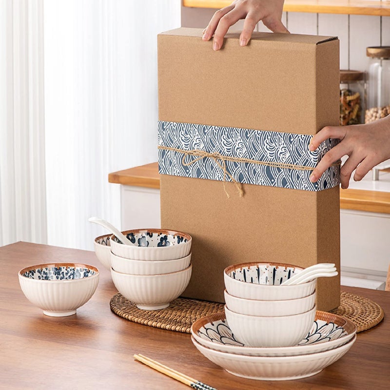 Avon Wellness Beautiful Gift Box Packed Ceramic Floral Dinner Set Japanese Style,Apply to Soup,Dessert,Pasta,Salad Set Ramen Dinnerware Set,Quality Porcelain Plates with Chopstick (Bowl_I_4B+2P) - Image 3