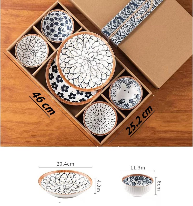 Avon Wellness Beautiful Gift Box Packed Ceramic Floral Dinner Set Japanese Style,Apply to Soup,Dessert,Pasta,Salad Set Ramen Dinnerware Set,Quality Porcelain Plates with Chopstick (Bowl_I_4B+2P) - Image 2