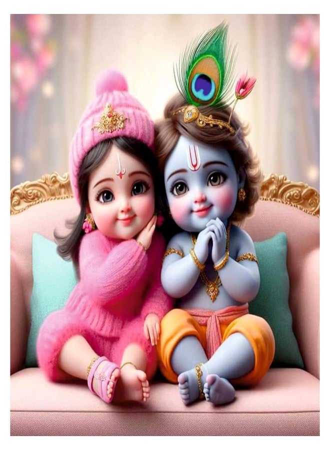 Sky Flying Little Baby Blue Krishna And Pink Radha Wall Poster For Living Room, Kids Room, Office (Size - 41Cm X 41Cm) - Image 1