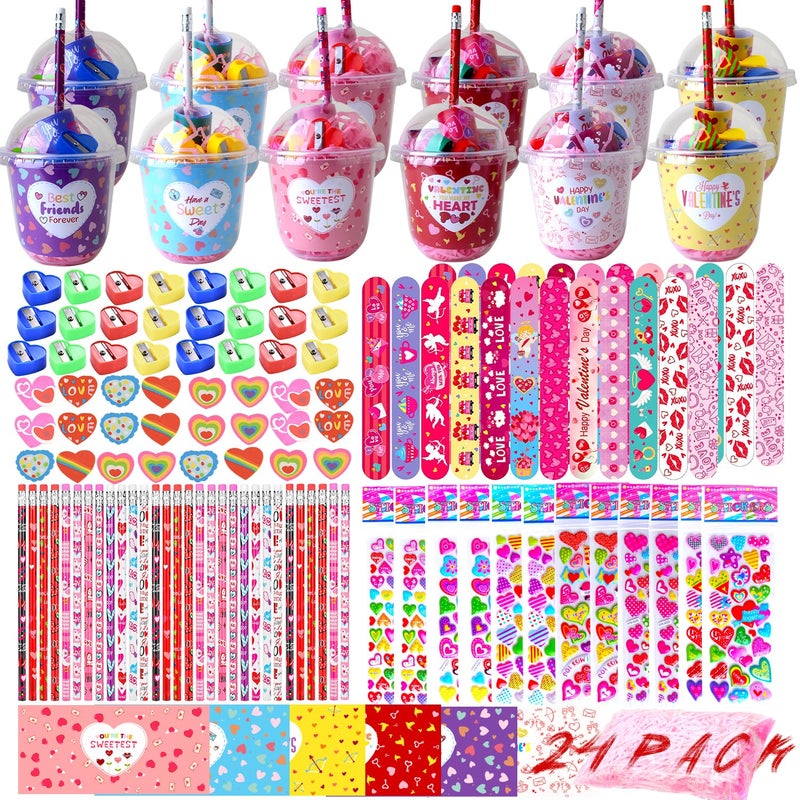 WOONOO 169PCS Valentines Day Gifts For Kids Classroom 24 Pack Stationery Set Valentines Party Favors Pencils Sharpeners Erasers Kids Valentines Day Gifts For School Goodie Bags Classroom Exchange - Image 3