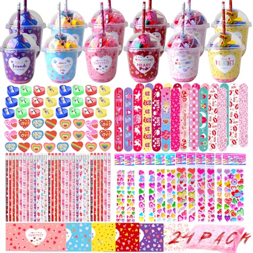 WOONOO 169PCS Valentines Day Gifts For Kids Classroom 24 Pack Stationery Set Valentines Party Favors Pencils Sharpeners Erasers Kids Valentines Day Gifts For School Goodie Bags Classroom Exchange - Image 1