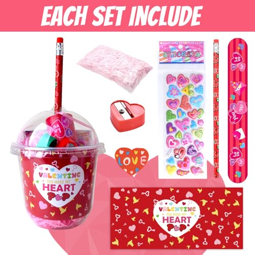 WOONOO 169PCS Valentines Day Gifts For Kids Classroom 24 Pack Stationery Set Valentines Party Favors Pencils Sharpeners Erasers Kids Valentines Day Gifts For School Goodie Bags Classroom Exchange - Image 5