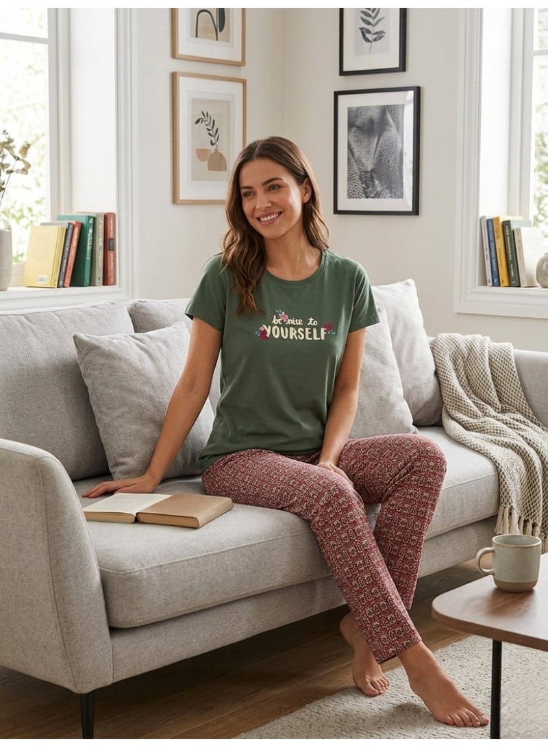 Women's 2-Piece Cotton Home Wear Set - Short Sleeve Graphic T-Shirt & Patterned Pants (Olive Green/Burgundy) - Image 2