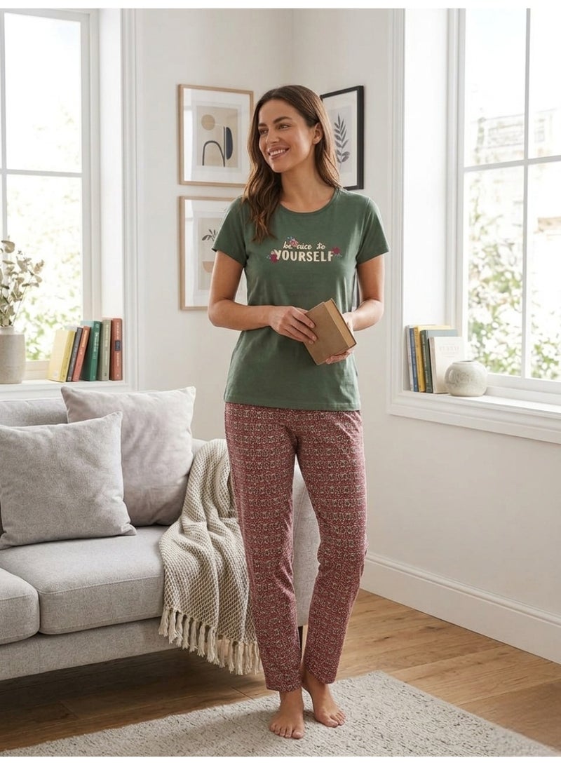 Women's 2-Piece Cotton Home Wear Set - Short Sleeve Graphic T-Shirt & Patterned Pants (Olive Green/Burgundy) - Image 1