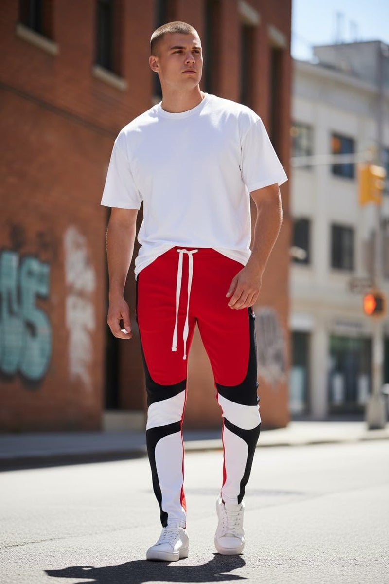 SCREENSHOT Men's Premium Workout Lifestyle Color Block Fashion Track Pants P11031-Red-Medium - Image 4