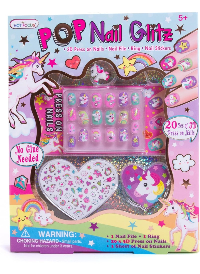 Hot Focus - Hot Focus Unicorn Nail Art Kit - 3D Press On Nails, Stickers, File & Ring - 65 Piece Set for Girls 5+ - Image 1