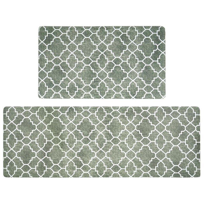 FRESHMINT Kitchen Mat Set of 2, Anti-Fatigue Cushioned Kitchen Mats for Floor, Waterproof Non Slip Comfort Standing Mat, Boho Kitchen Rug for Kitchen Decor, Sink, Office, 17"x30"+17"x47", Sage Green - Image 1