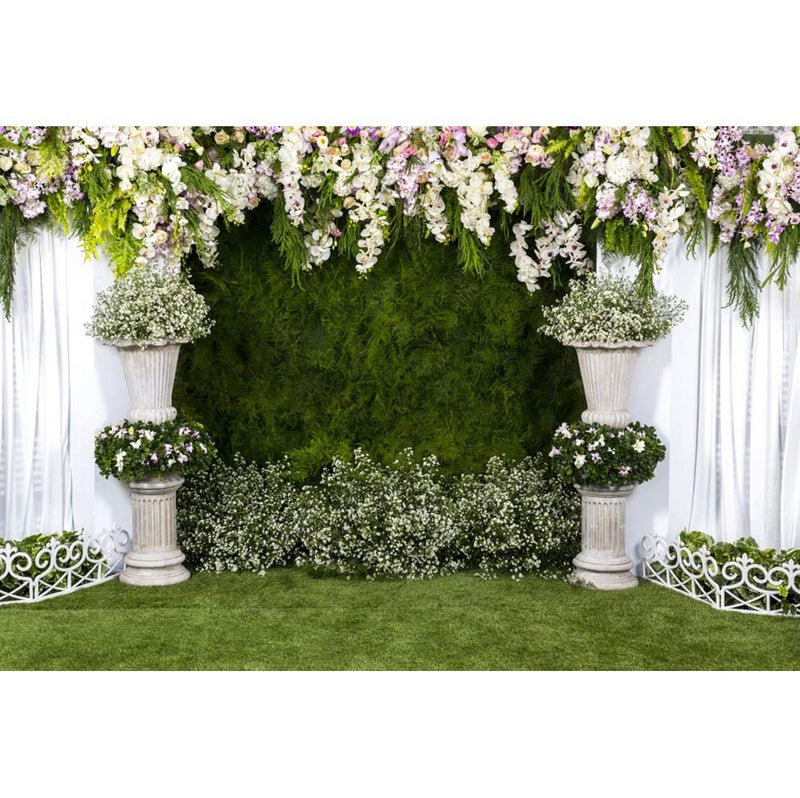 Laeacco Arch Wedding Flowers Backdrop 8x6ft Vinyl Photography Background Stone Planter Flowers White Curtain Green Ivy Wall Decoration Outdoos Ceremony Green Grassfield Backdrop