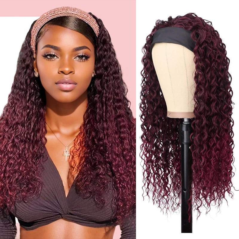 G&T Wig GT Wig Red Headband Wigs for Black Women Wet and Wavy Headband Wig Ombre Red Curly Synthetic Wigs Dark Roots Glueless Heat Resistant Long Curly Wigs for Daily Wear