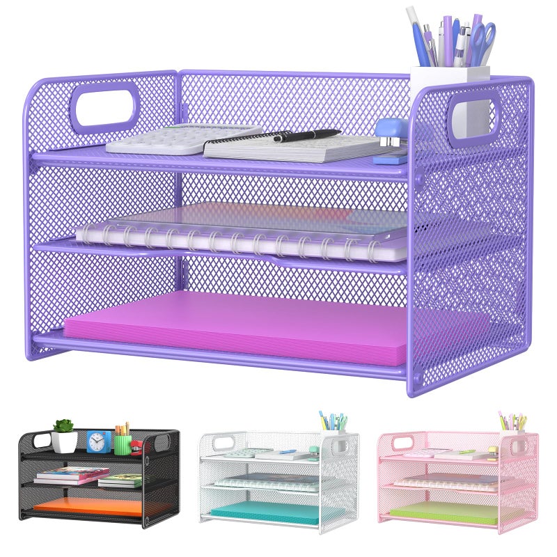 Samstar 3 Tier Purple Letter Tray Paper Organizer with Handle, Mesh Desk Organizer Paper Sorter File Rack Shelves, Purple - Image 1