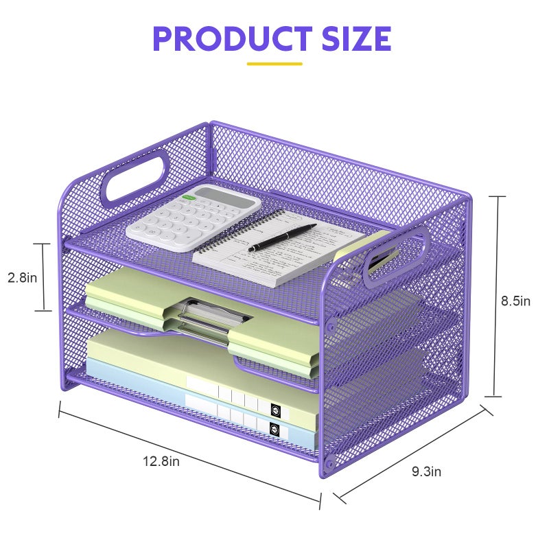Samstar 3 Tier Purple Letter Tray Paper Organizer with Handle, Mesh Desk Organizer Paper Sorter File Rack Shelves, Purple - Image 4