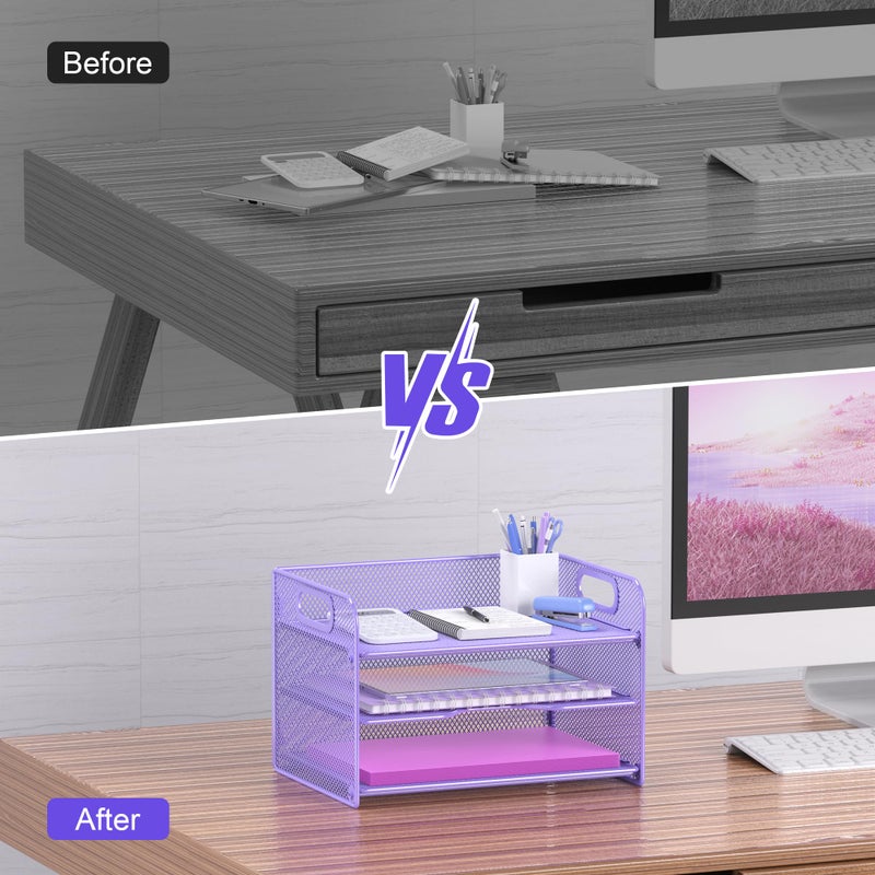 Samstar 3 Tier Purple Letter Tray Paper Organizer with Handle, Mesh Desk Organizer Paper Sorter File Rack Shelves, Purple - Image 5