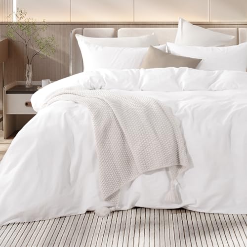 NEXHOME PRO Cotton Duvet Cover Set King Size Linen Feel White Organic Natural 100% Washed Cotton Duvet Cover Set 3 Pieces Bedding Set with Zipper Closure, Lightweight and Breathable (No Comforter) - Image 2