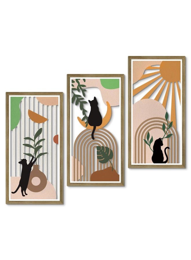 Putuo Decor Boho Cat Wall Art Set of 3, Abstract Cut-Out MDF Wall Panels with Cat Silhouettes, Rainbow and Botanical Shapes, Modern Home Decor for Bedroom Living Room Office - Image 1