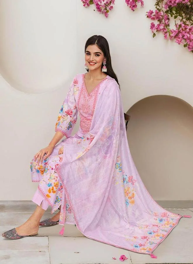 ISHIN Printed V-Neck Kurta and Trousers with Dupatta Set by Styli