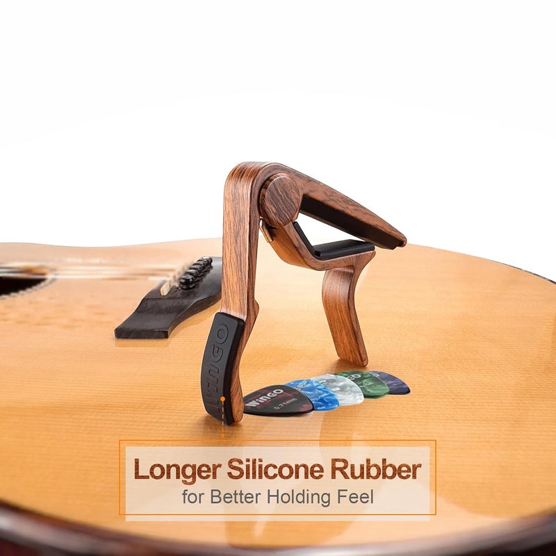 Wingo Classical Flat Guitar Capo for Nylon String Guitars-Rosewood Finish with 5 Picks. - Image 4