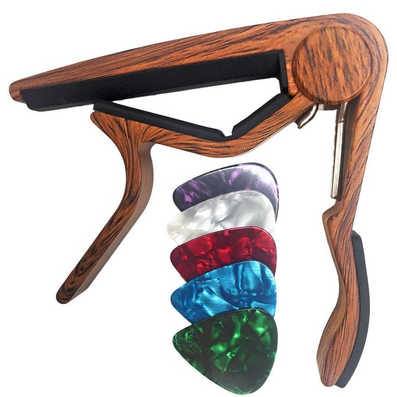 Wingo Classical Flat Guitar Capo for Nylon String Guitars-Rosewood Finish with 5 Picks. - Image 1