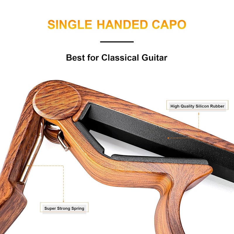 Wingo Classical Flat Guitar Capo for Nylon String Guitars-Rosewood Finish with 5 Picks. - Image 3
