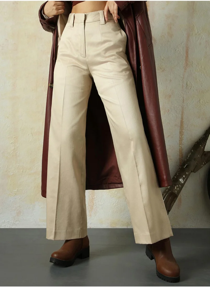 HIGH STAR Women's Doe Skin Cotton Blend Solid Full Length Chinos Wide Leg Trouser