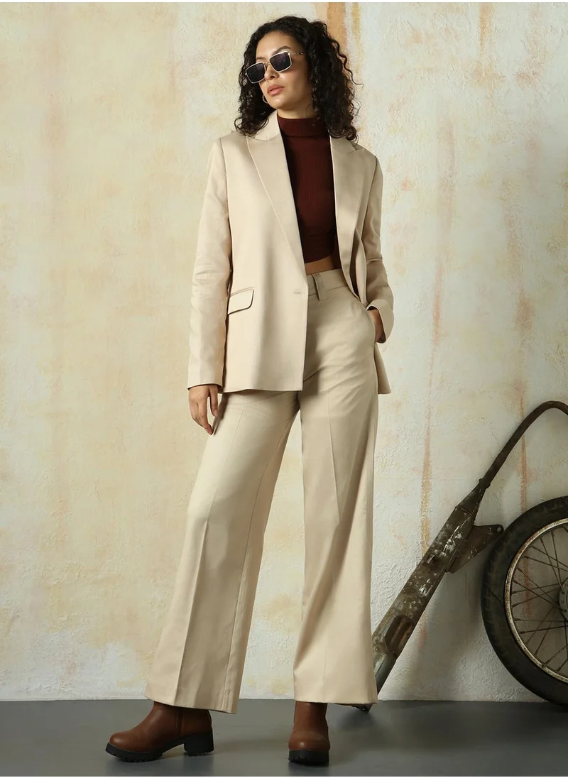 HIGH STAR Women's Doe Skin Cotton Blend Solid Full Length Chinos Wide Leg Trouser
