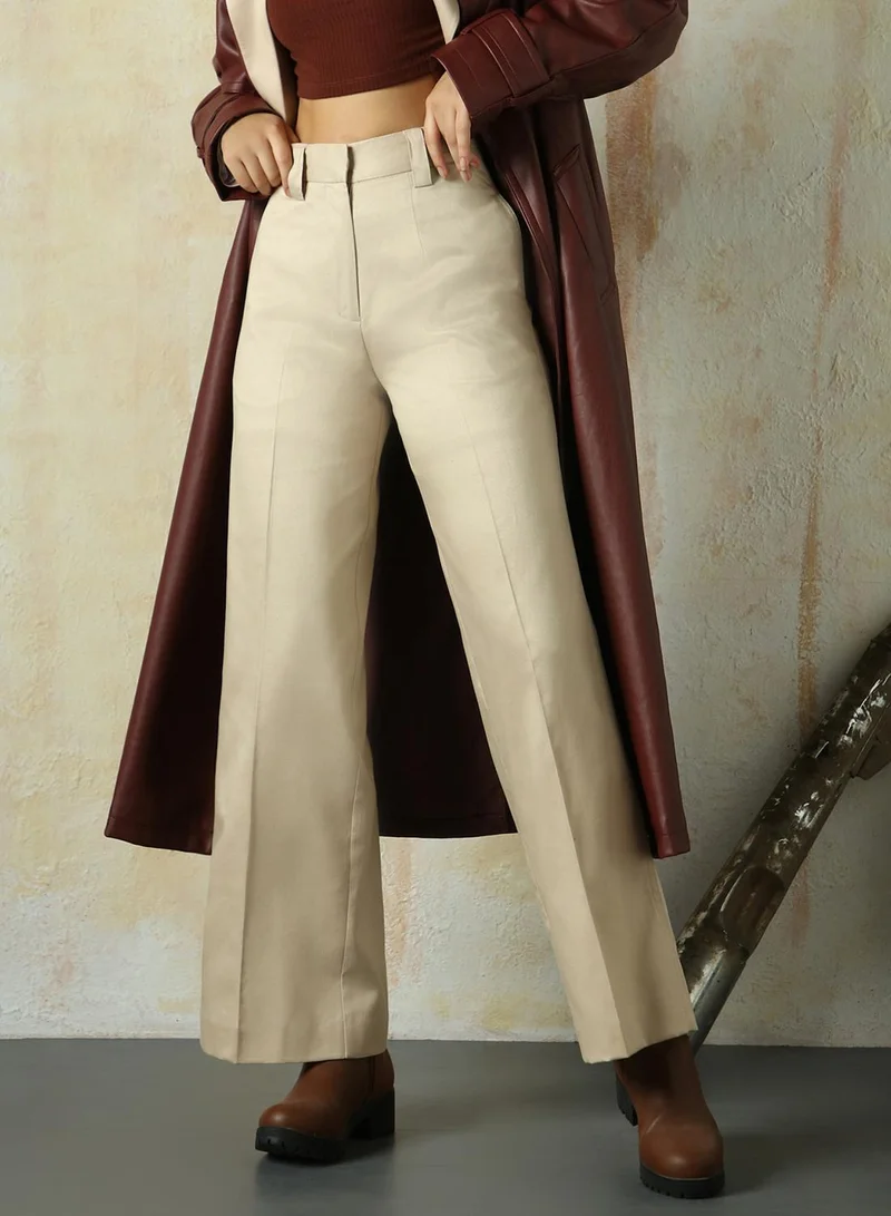 HIGH STAR Women's Doe Skin Cotton Blend Solid Full Length Chinos Wide Leg Trouser